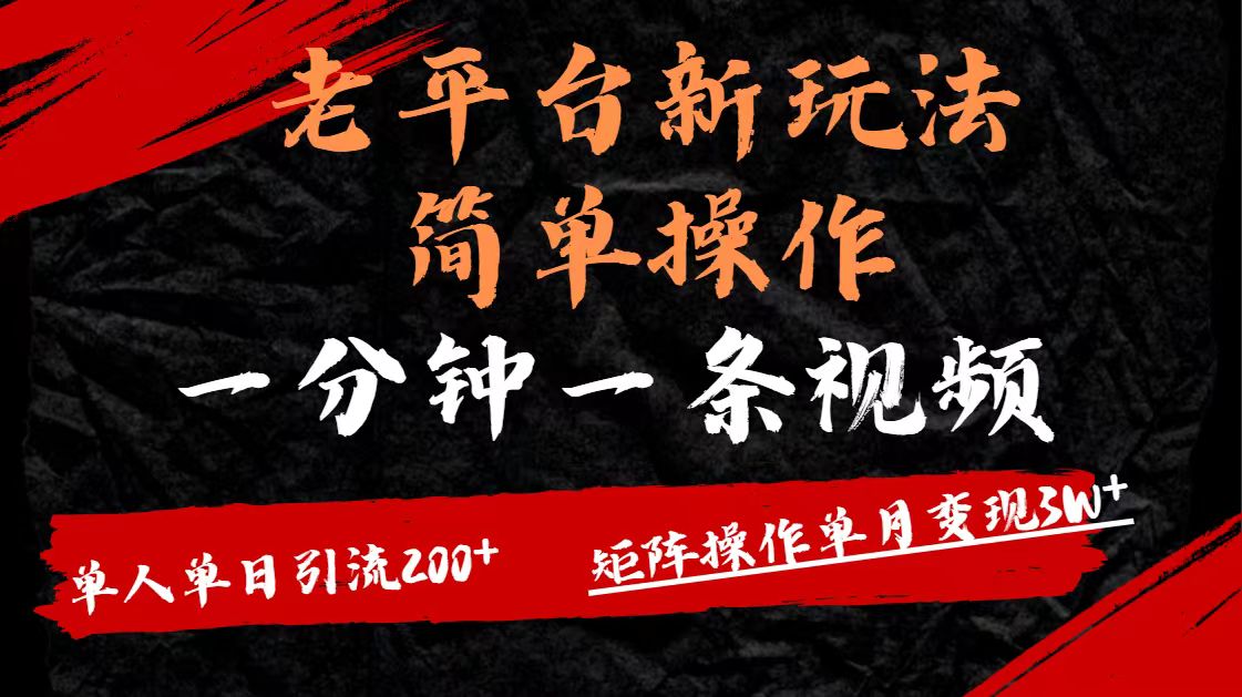 老平台,新玩法,简单操作,一分钟一条视频,单人单人引流200+矩阵操作,单月变现3W-先机网创