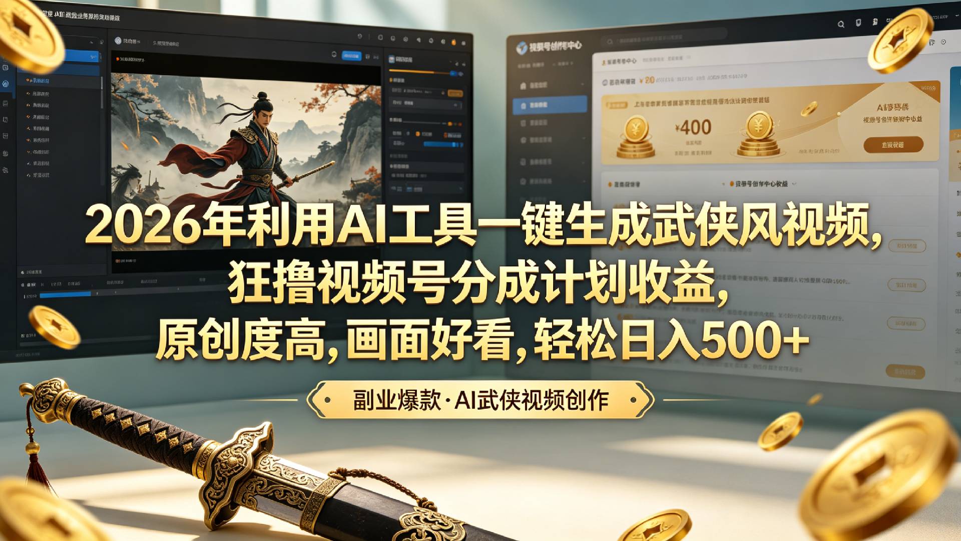 2026年利用AI工具一键生成武侠风视频，狂撸视频号分成计划收益，原创度高，画面好看，轻松日入500+-先机网创