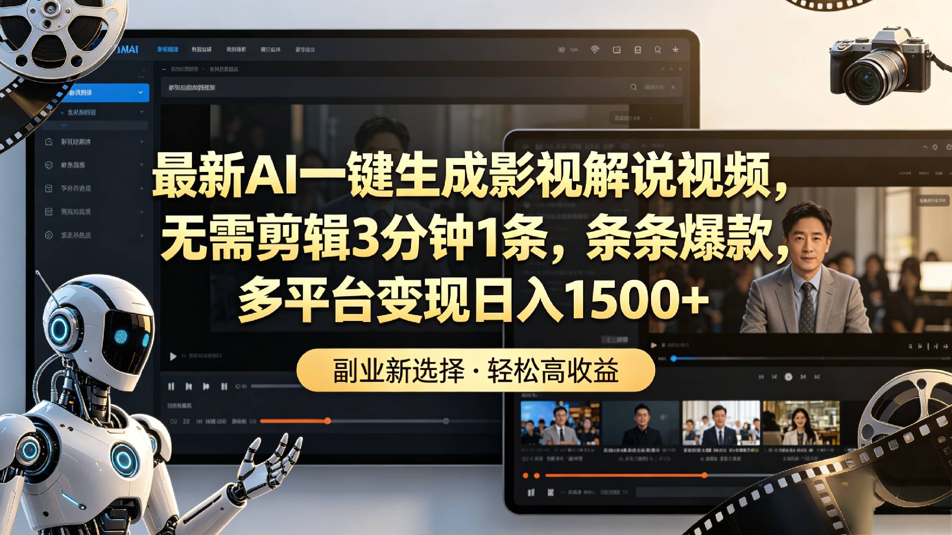 最新AI一键生成影视解说视频，无需剪辑3分钟1条，条条爆款，多平台变现日入1500+-先机网创