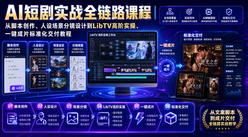 AI短剧实战全链路课程|从脚本创作、人设场景分镜设计到LibTV高阶实操、一键成片标准化交付教程-先机网创