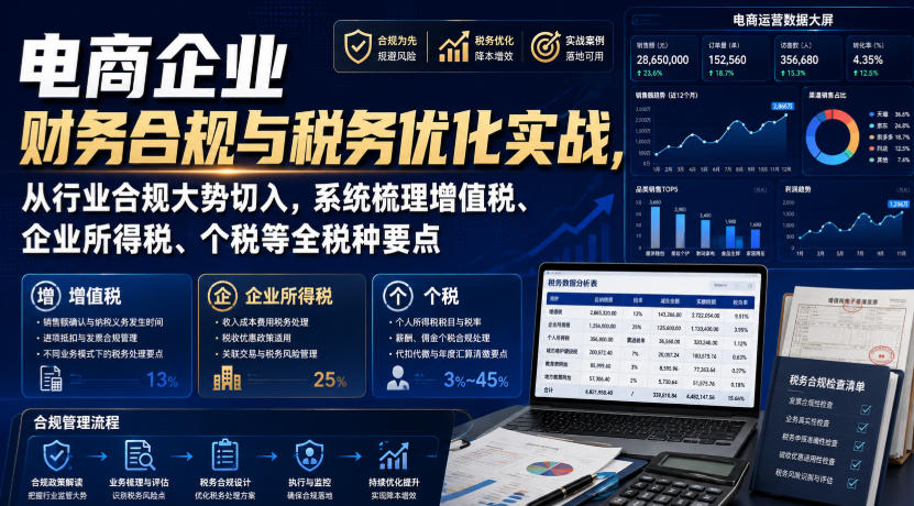 电商企业财务合规与税务优化实战,从行业合规大势切入,系统梳理增值税、企业所得税、个税等全税种要点-先机网创