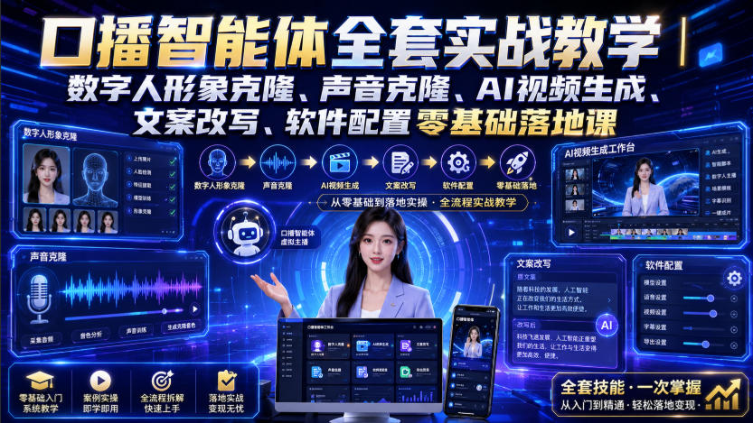 口播智能体全套实战教学|数字人形象克隆、声音克隆、AI视频生成、文案改写、软件配置零基础落地课-先机网创