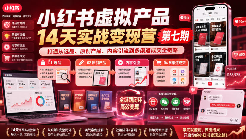 小红书虚拟产品14天实战变现营第七期,打通从选品、原创产品、内容引流到多渠道成交全链路-先机网创