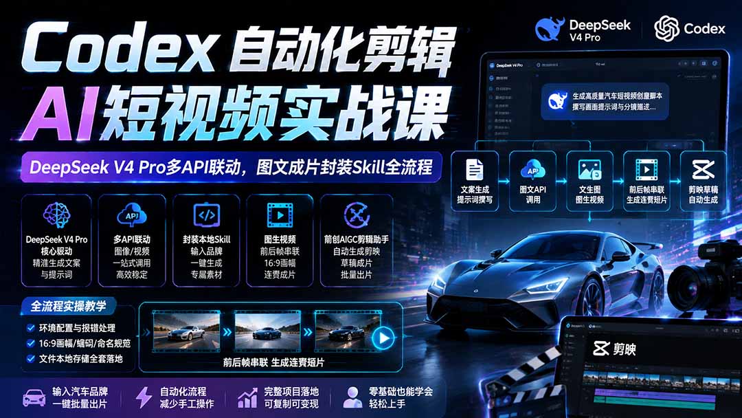 (19711期)Codex自动化剪辑AI短视频实战课|DeepSeek V4 Pro多API联动,图文成片封装Skill全流程-先机网创