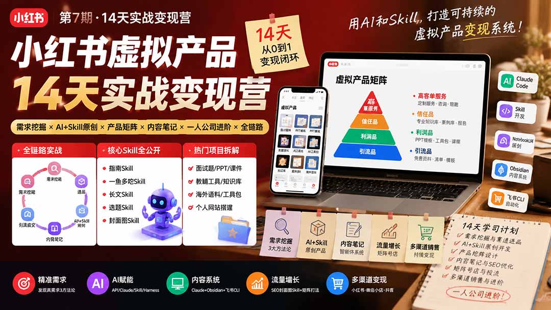 (19712期)小红书虚拟产品14天实战变现营-第7期:需求挖掘×AI+Skill原创×产品矩阵×内容笔记×一人公司进阶×全链路-先机网创