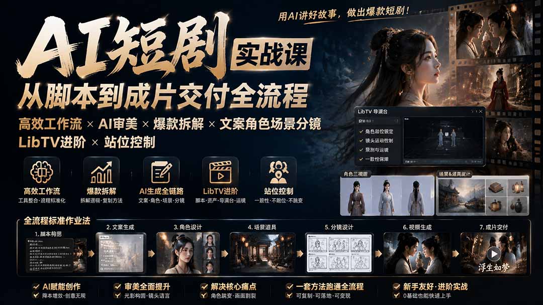 (19717期)AI短剧实战课:高效工作流×AI审美×爆款拆解×文案角色场景分镜×LibTV进阶×站位控制×从脚本到成片交付全流程-先机网创