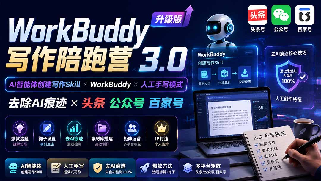 (19720期)WorkBuddy写作陪跑营3.0-更新:Ai智能体创建写作Skill×WorkBuddy×人工手写模式×去除AI痕迹×头条公众号百家号-先机网创