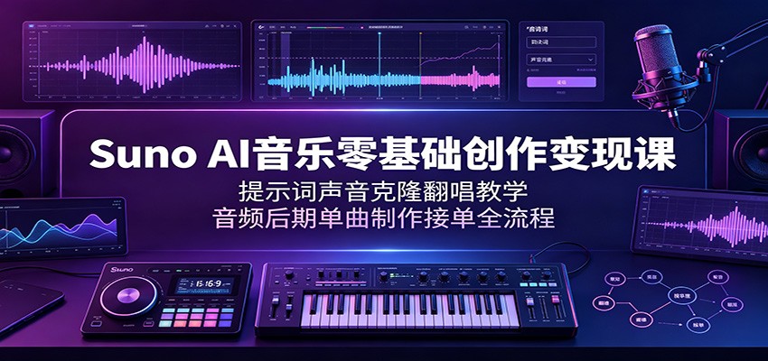 Suno AI音乐零基础创作变现课：提示词声音克隆翻唱教学，音频后期单曲制作接单全流程-网赚副业网