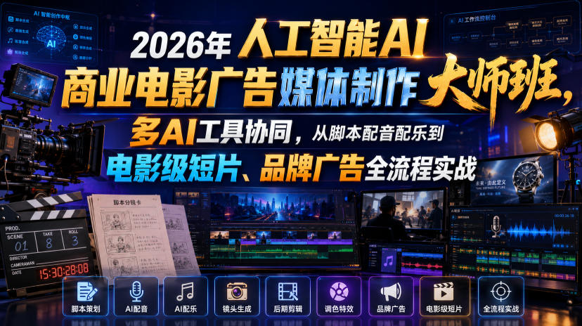 2026年人工智能AI商业电影广告媒体制作大师班,多AI工具协同,从脚本配音配乐到电影级短片、品牌广告全流程实战(中英字幕)-网赚副业网