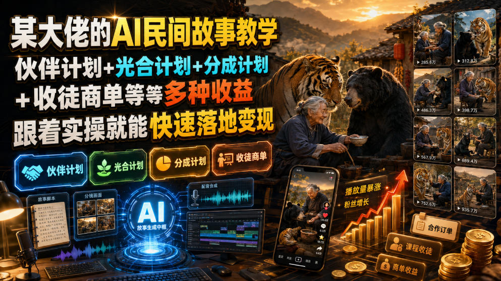 某大佬的AI民间故事教学,伙伴计划+光合计划+分成计划+收徒商单等多种收益,跟着实操就能快速落地变现-网赚副业网