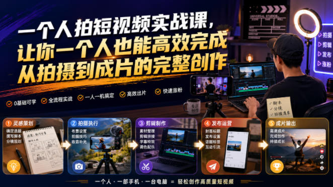 一个人拍短视频实战课,让你一个人也能高效完成从拍摄到成片的完整创作-网赚副业网