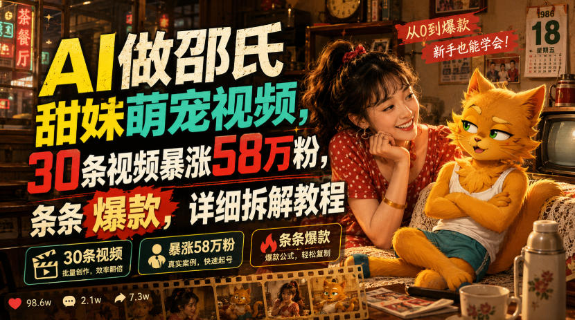 AI做邵氏甜妹萌宠视频,30条视频暴涨58万粉,条条爆款,详细拆解教程-网赚副业网