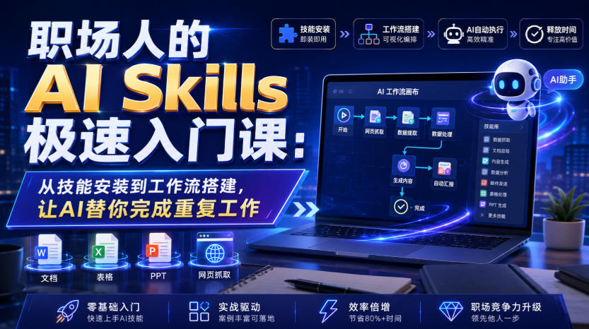 职场人的AI Skills极速入门课:从技能安装到工作流搭建,让AI替你完成重复工作-网赚副业网