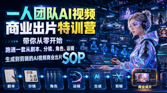 一人团队AI视频商业出片实战课:带你从零开始跑通一套从剧本、分镜、角色、运镜、生成到剪辑的AI视频商业出片SOP-网赚副业网