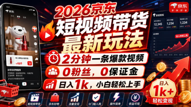2026京东短视频带货最新玩法，2分钟一条爆款视频，0粉丝，0保证金，日入1k，小白轻松上手【揭秘】-网赚副业网