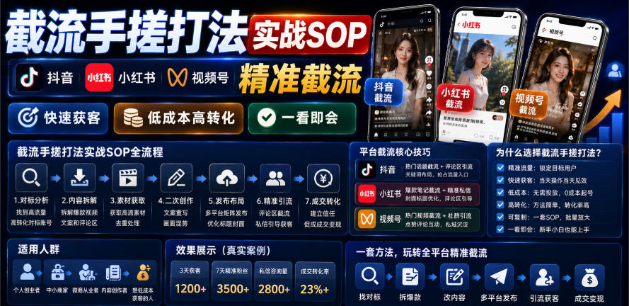 截流手搓打法实战SOP，抖音小红书视频号精准截流，快速获客，低成本高转化，一看即会-网赚副业网