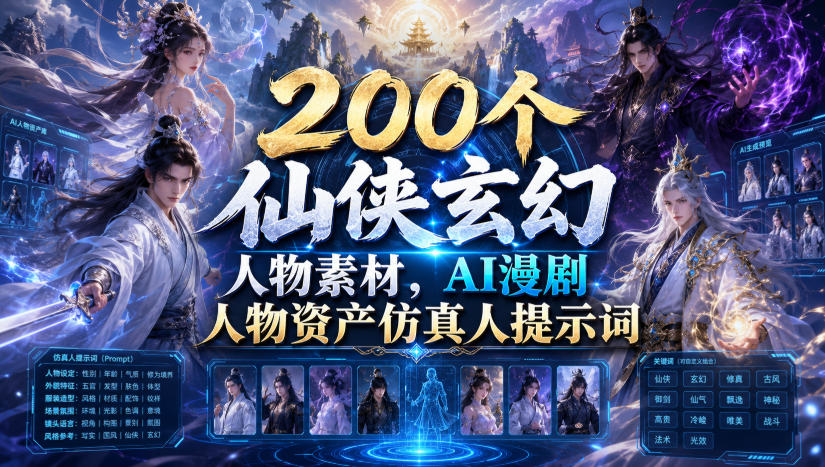 200个仙侠玄幻人物素材,AI漫剧人物资产仿真人提示词-网赚副业网