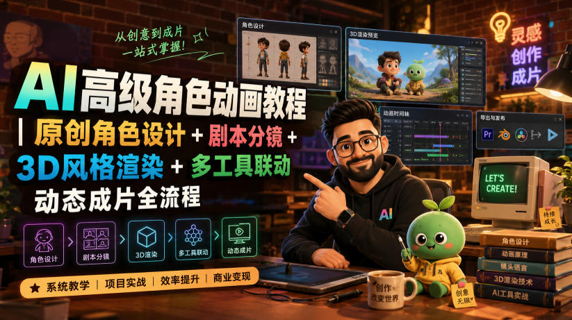 AI高级角色动画教程|原创角色设计+剧本分镜+3D风格渲染+多工具联动动态成片全流程【中英字幕】-网赚副业网