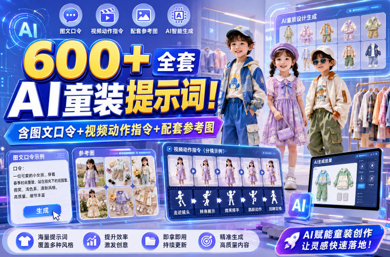 600+全套AI童装提示词!含图文口令+视频动作指令+配套参考图,Word-Excel规整分类,童装电商、种草无脑量产内容!-网赚副业网
