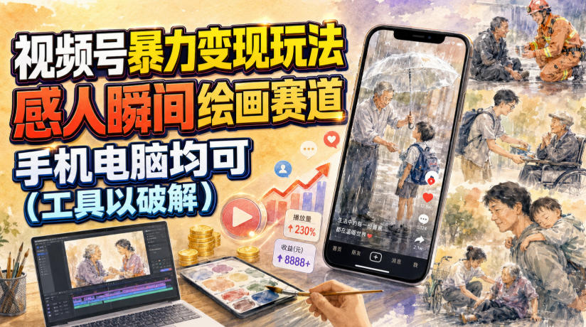 视频号暴力变现玩法，感人瞬间绘画赛道，手机电脑均可-网赚副业网