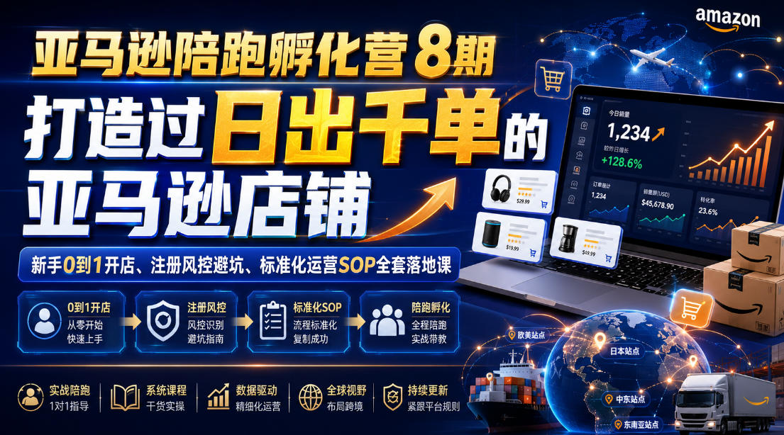 亚马逊陪跑孵化营8期,打造过日出千单的亚马逊店铺,新手0到1开店、注册风控避坑、标准化运营SOP全套落地课-网赚副业网