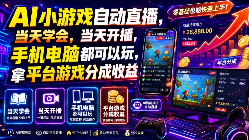 AI小游戏自动直播,当天学会,当天开播,手机电脑都可以玩,拿平台游戏分成收益-网赚副业网