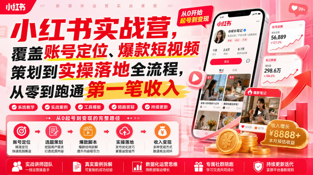 小红书实战营,覆盖账号定位、爆款短视频策划到实操落地全流程,从零到跑通第一笔收入-网赚副业网