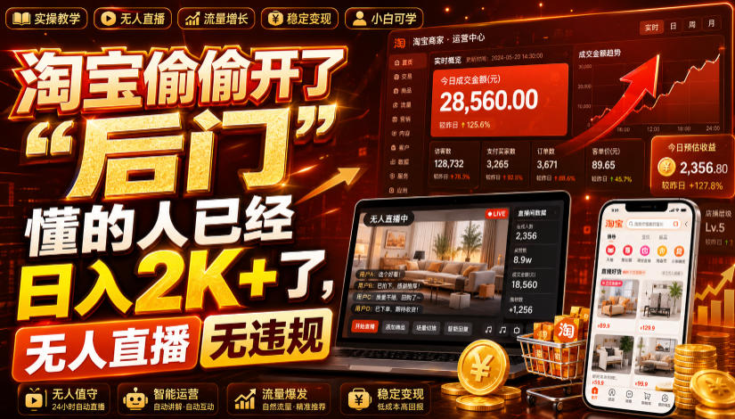 淘宝偷偷开了“后门”，懂的人已经日入2K+了，无人直播无违规，一台电脑=一家24小时营业的线上门店【揭秘】-网赚副业网