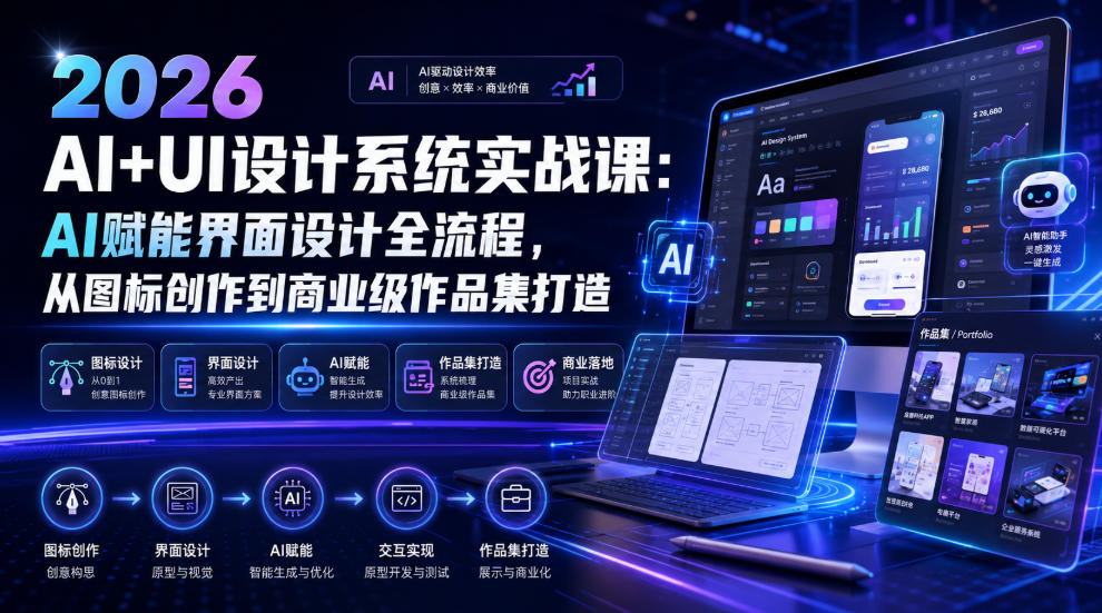 2026 AI+UI设计系统实战课:AI赋能界面设计全流程,从图标创作到商业级作品集打造-网赚副业网