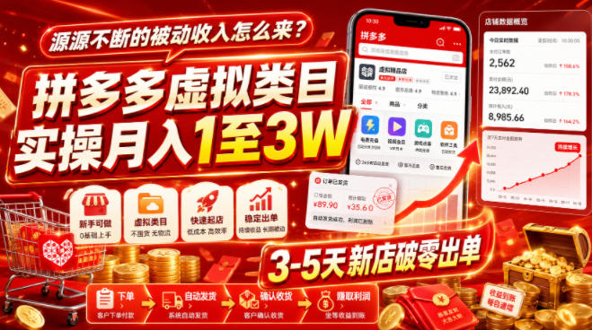 源源不断的被动收入怎么来?拼多多虚拟类目实操月入1至3W,3-5天新店破零出单-网赚副业网