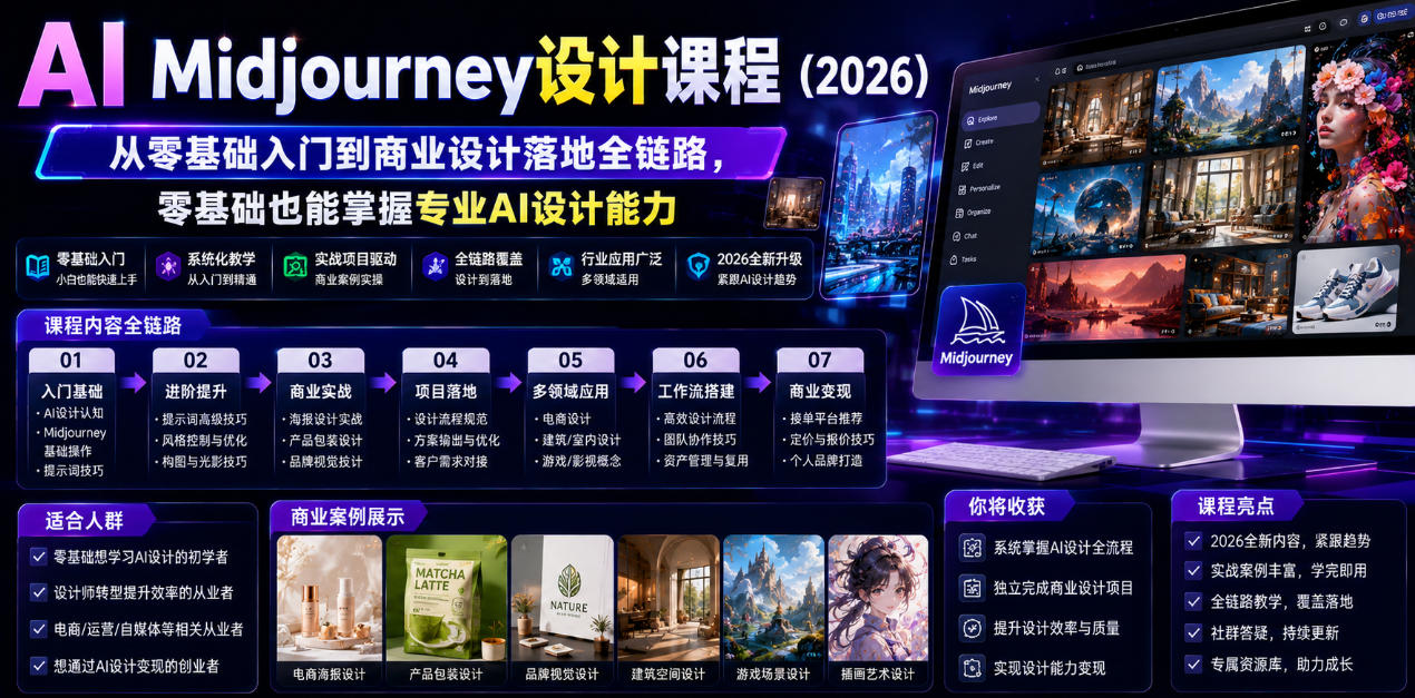 AI Midjourney设计课程(2026),从零基础入门到商业设计落地全链路,零基础也能掌握专业AI设计能力-网赚副业网