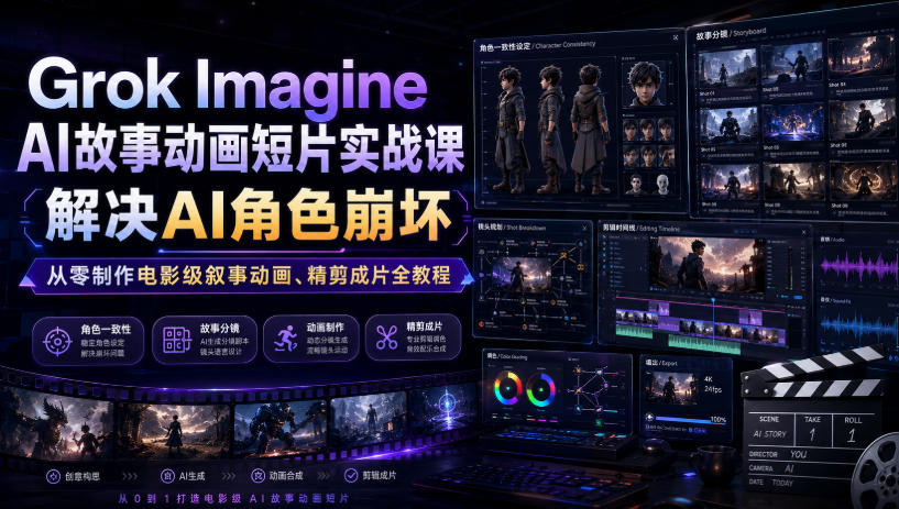 Grok Imagine AI故事动画短片实战课|解决AI角色崩坏,从零制作电影级叙事动画、精剪成片全教程(中英字幕)-网赚副业网