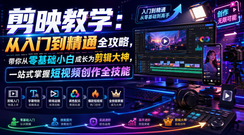 剪映教学：从入门到精通全攻略，带你从零基础小白成长为剪辑大神，一站式掌握短视频创作全技能-网赚副业网