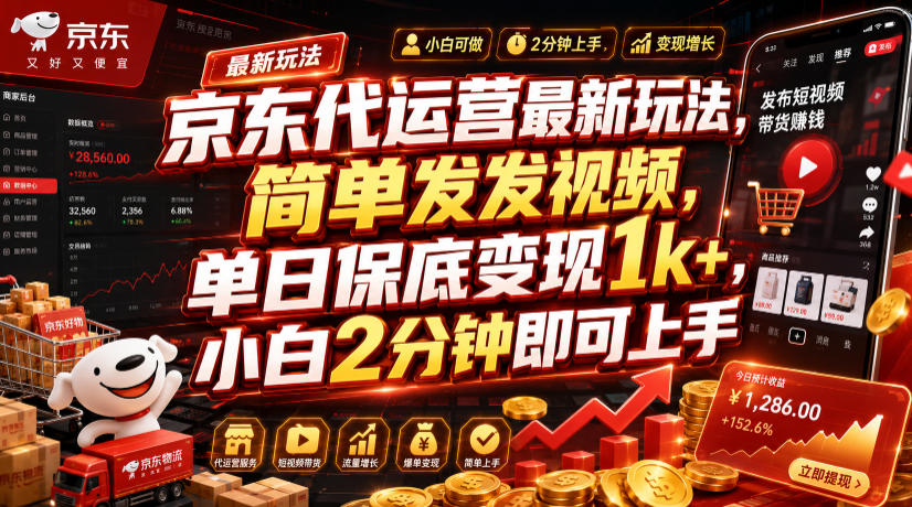 京东代运营最新玩法,简单发发视频,单日保底变现1k+,小白2分钟即可上手【揭秘】-网赚副业网