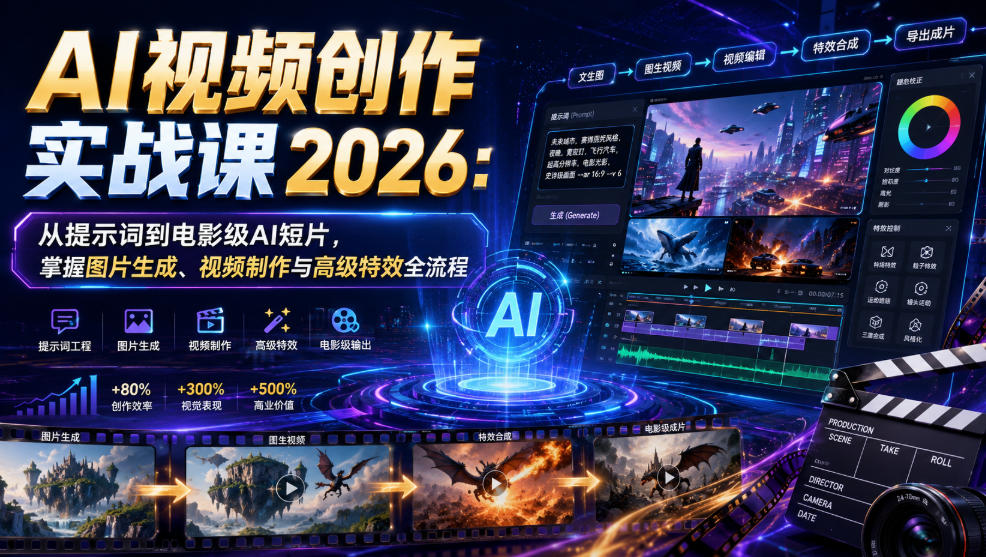 AI视频创作实战课2026:从提示词到电影级AI短片,掌握图片生成、视频制作与高级特效全流程-网赚副业网