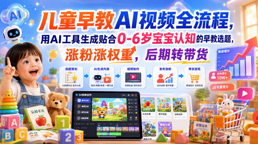 儿童早教AI视频全流程,用AI工具生成贴合0-6岁宝宝认知的早教选题,涨粉涨权重,后期转带货-网赚副业网