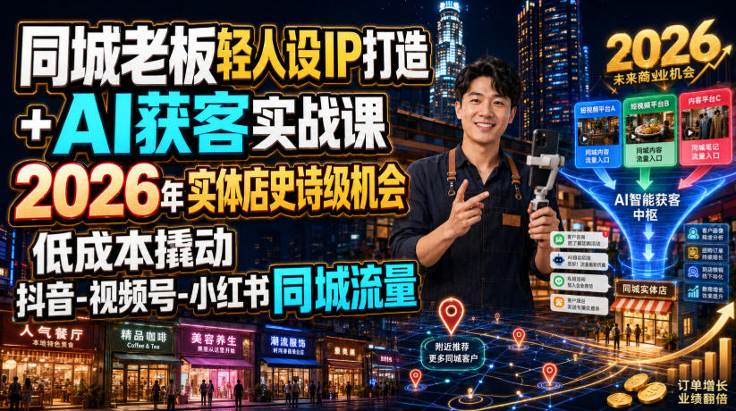 同城老板轻人设IP打造+AI获客实战课,2026年实体店史诗级机会,低成本撬动抖音-视频号-小红书同城流量-网赚副业网