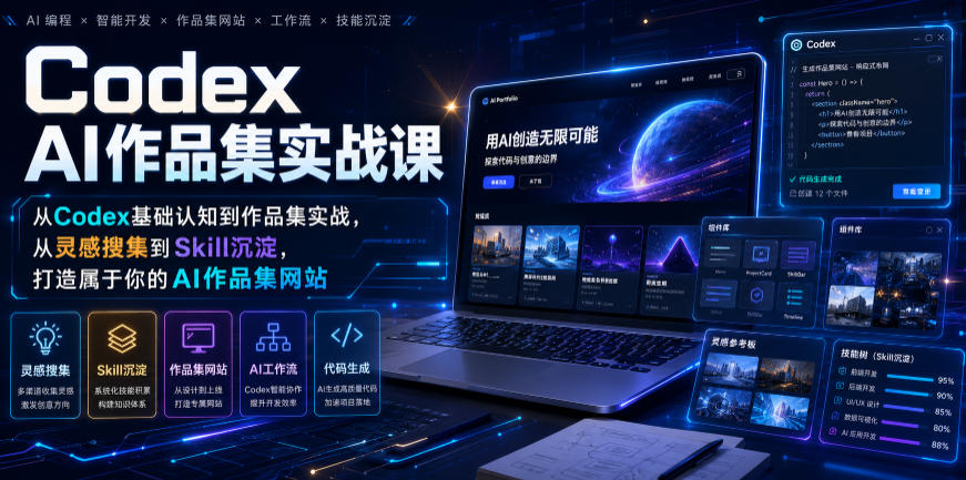 Codex AI作品集实战课,从Codex基础认知到作品集实战,从灵感搜集到Skill沉淀,打造属于你的AI作品集网站-网赚副业网