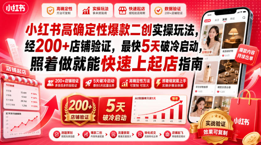 小红书高确定性爆款二创实操玩法,经200+店铺验证,最快5天破冷启动,照着做就能快速上起店指南-网赚副业网