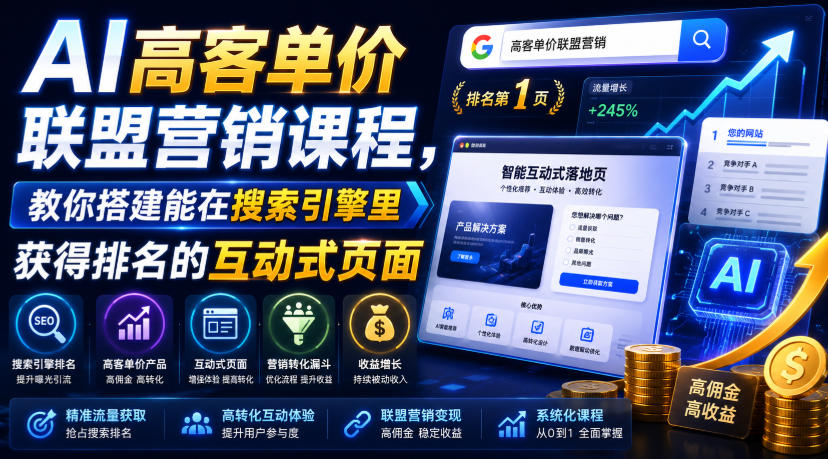 AI高客单价联盟营销课程,教你搭建能在搜索引擎里获得排名的互动式页面,引来流量,把访客转化为高佣金的成交【原创双语字幕】-网赚副业网