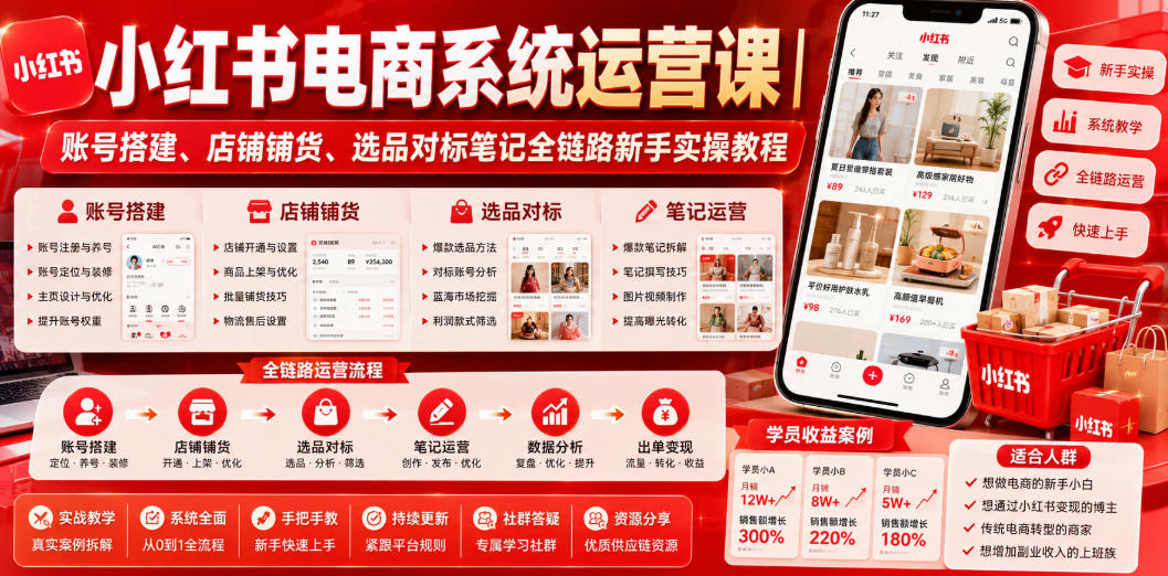 小红书电商系统运营课|账号搭建、店铺铺货、选品对标笔记全链路新手实操教程-网赚副业网