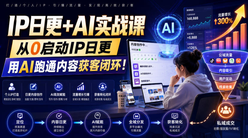 IP日更+AI实战课,从0启动IP日更,IP置顶视频制作+100条选题库搭建+10条日更规划,用AI跑通内容获客闭环!-网赚副业网