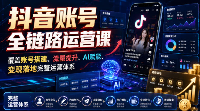 抖音账号全链路运营课,覆盖账号搭建、流量提升、AI赋能、变现落地完整运营体系-网赚副业网