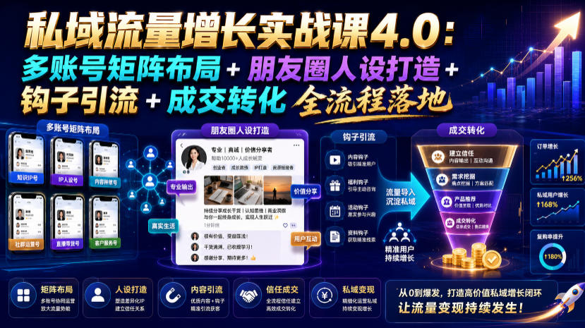 私域流量增长实战课4.0:多账号矩阵布局+朋友圈人设打造+钩子引流+成交转化全流程落地-网赚副业网