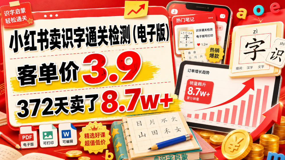 小红书卖识字通关检测(电子版),客单价3.9,372天卖了8.7w+-网赚副业网