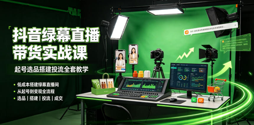 某社群抖音绿幕直播带货实战课,起号选品搭建投流全套教学,低成本搭建绿幕直播间-网赚副业网