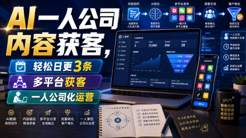 AI一人公司内容获客,轻松日更3条,多平台获客,一人公司化运营-网赚副业网