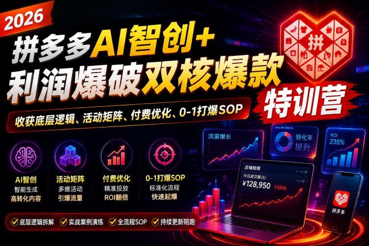 2026拼多多AI智创+利润爆破双核爆款特训营,收获底层逻辑、活动矩阵、付费优化、0-1打爆SOP-网赚副业网