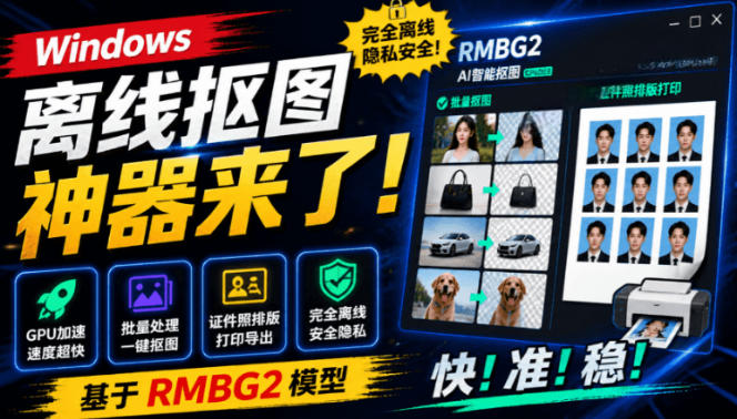 Windows离线抠图神器来了！支持批量抠图+证件照排版打印，基于RMBG2模型，GPU加速方块AI抠图-网赚副业网