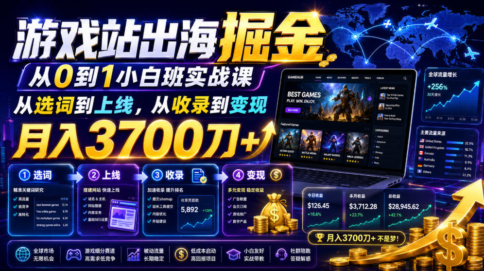 游戏站出海掘金从0到1小白实战课,从选词到上线,从收录到变现,月入3700刀+-网赚副业网